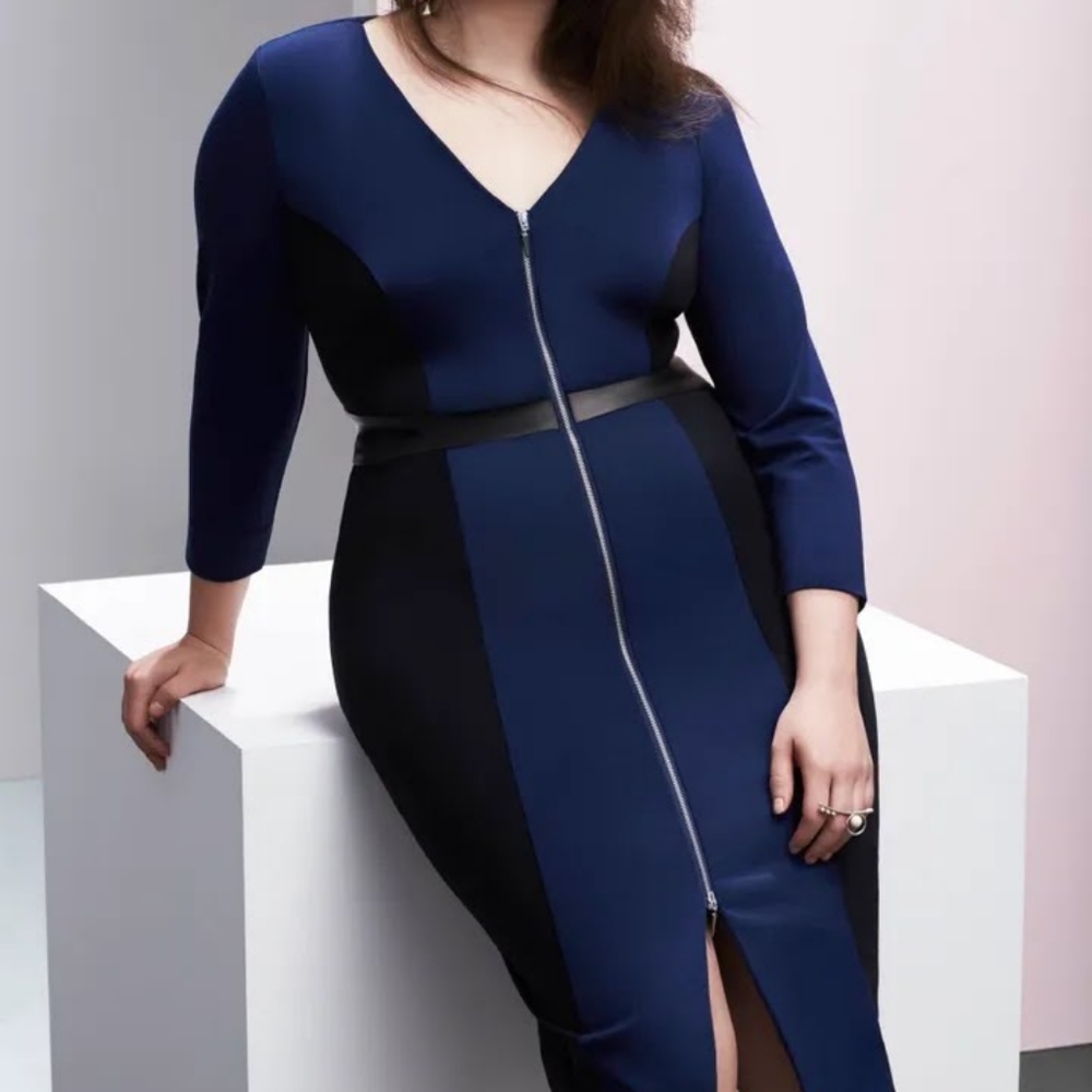 Designer Prabal Gurung X Lane Bryant Navy Black Colorblock Zip-up Sheath Dress